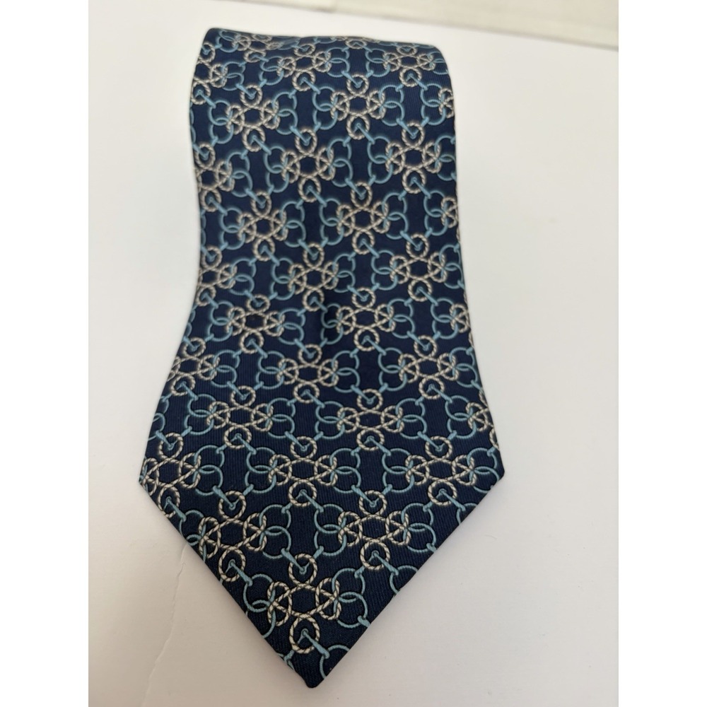 HERMES Paris Men's Silk TIE 7468 HA Blue on Blue Chain Link Equestrian 58 inches
